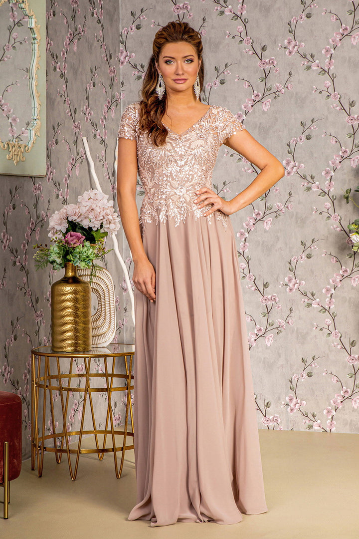 Embroidery Sequin Sheer V-neckline Chiffon A-line Long Mother Of The Bride Dress GLGL3450-4