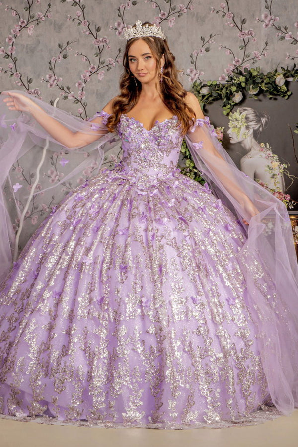 Jewel 3-D Butterfly Mesh Ball Gown w/ Long Sheer Sleeve Drapes-5