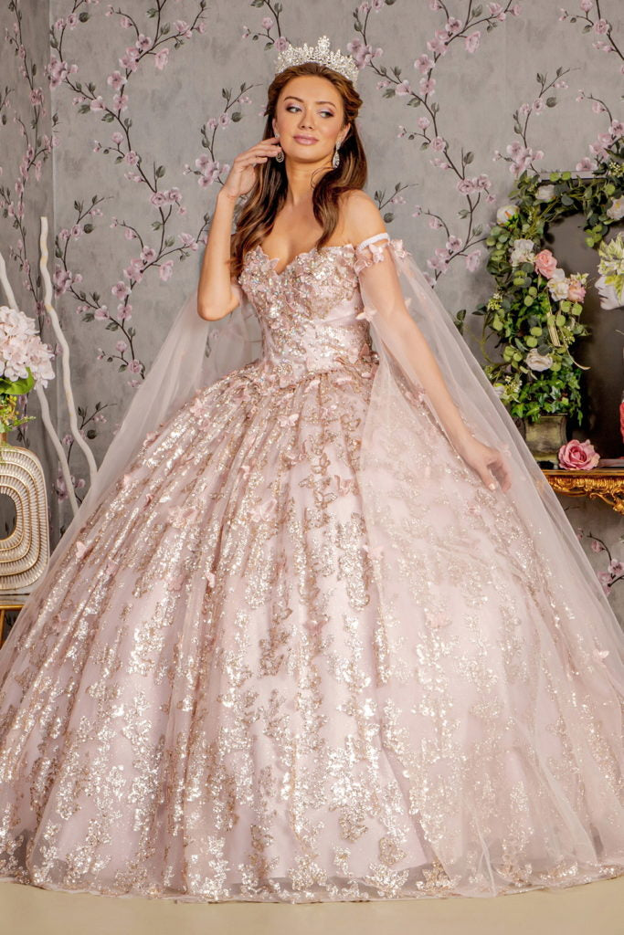 Jewel 3-D Butterfly Mesh Ball Gown w/ Long Sheer Sleeve Drapes-6