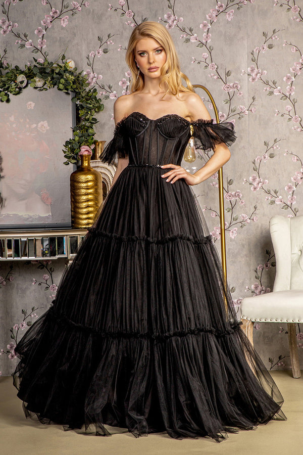 Sequin Bead Sheer Bodice Off Shoulder Mesh A-line Long Prom Dress GLGL3453-0