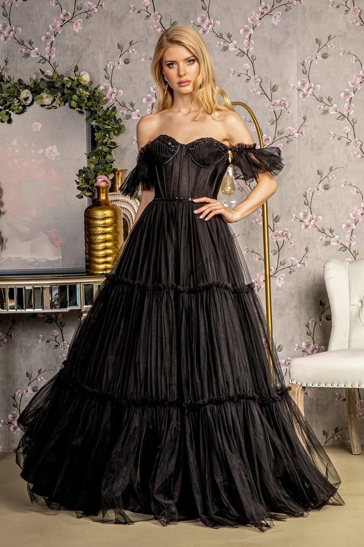 Sequin Bead Sheer Bodice Off Shoulder Mesh A-line Long Prom Dress GLGL3453-0