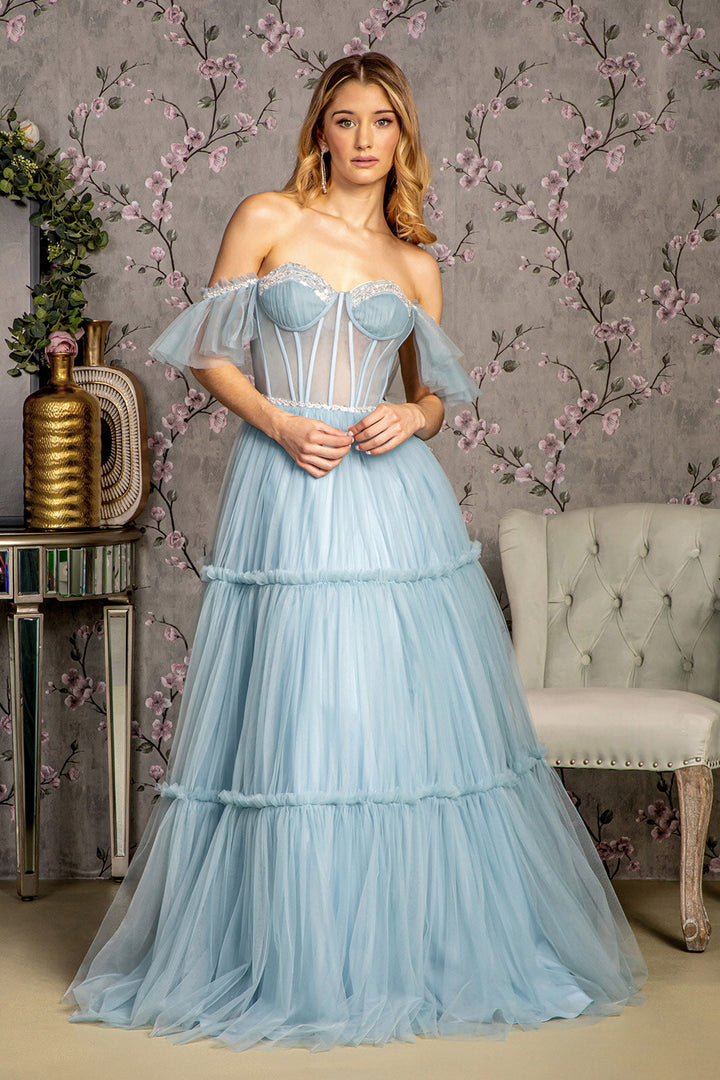 Sequin Bead Sheer Bodice Off Shoulder Mesh A-line Long Prom Dress GLGL3453-4