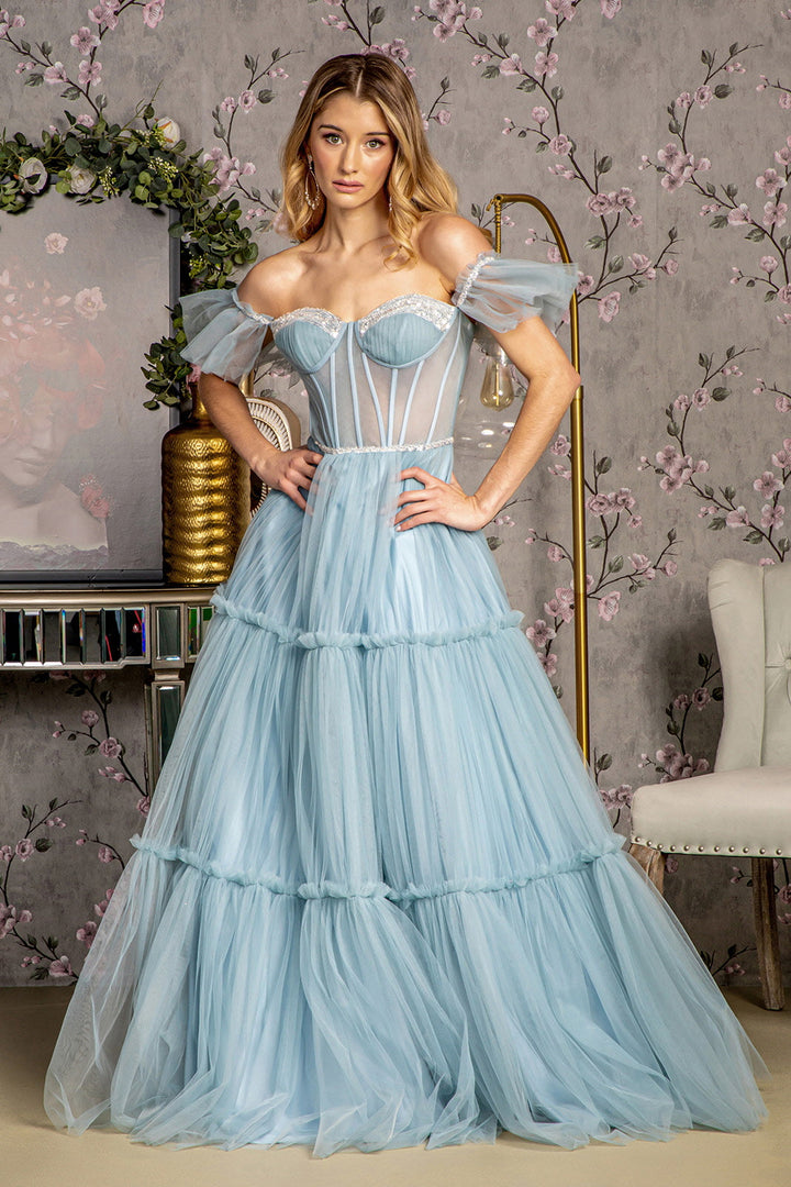 Sequin Bead Sheer Bodice Off Shoulder Mesh A-line Long Prom Dress GLGL3453-5