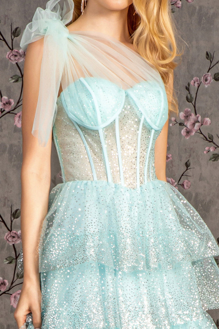 Glitter Sheer Bodice Ribbon Straps Ruffled Skirt Mesh A-line Long Prom Dress GLGL3454-2