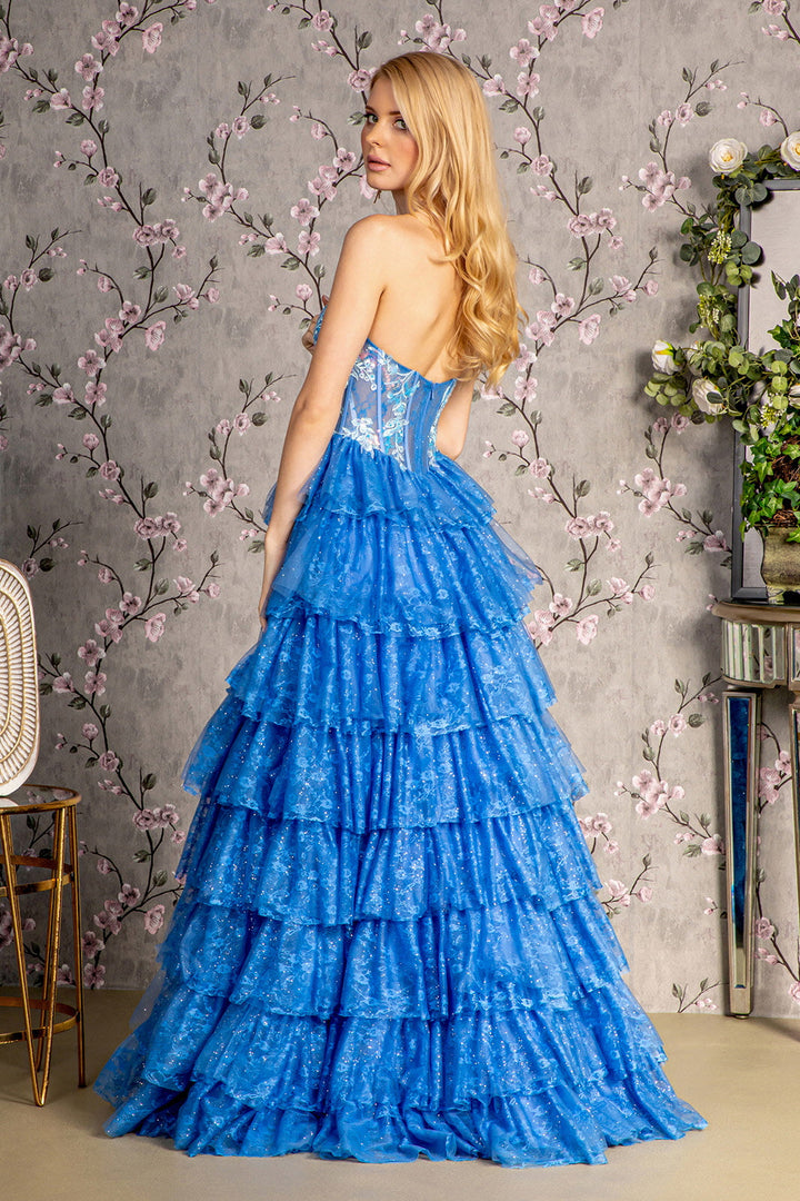 Embroidery Sequin Sheer Bodice Ruffled Skirt Mesh A-line Long Prom Dress GLGL3461-1