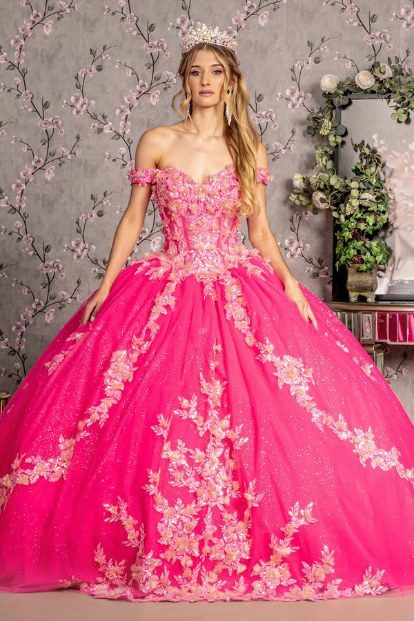3D Flower Jewel Sheer Corset Bodice Mesh Long Ball Dress GLGL3469-0