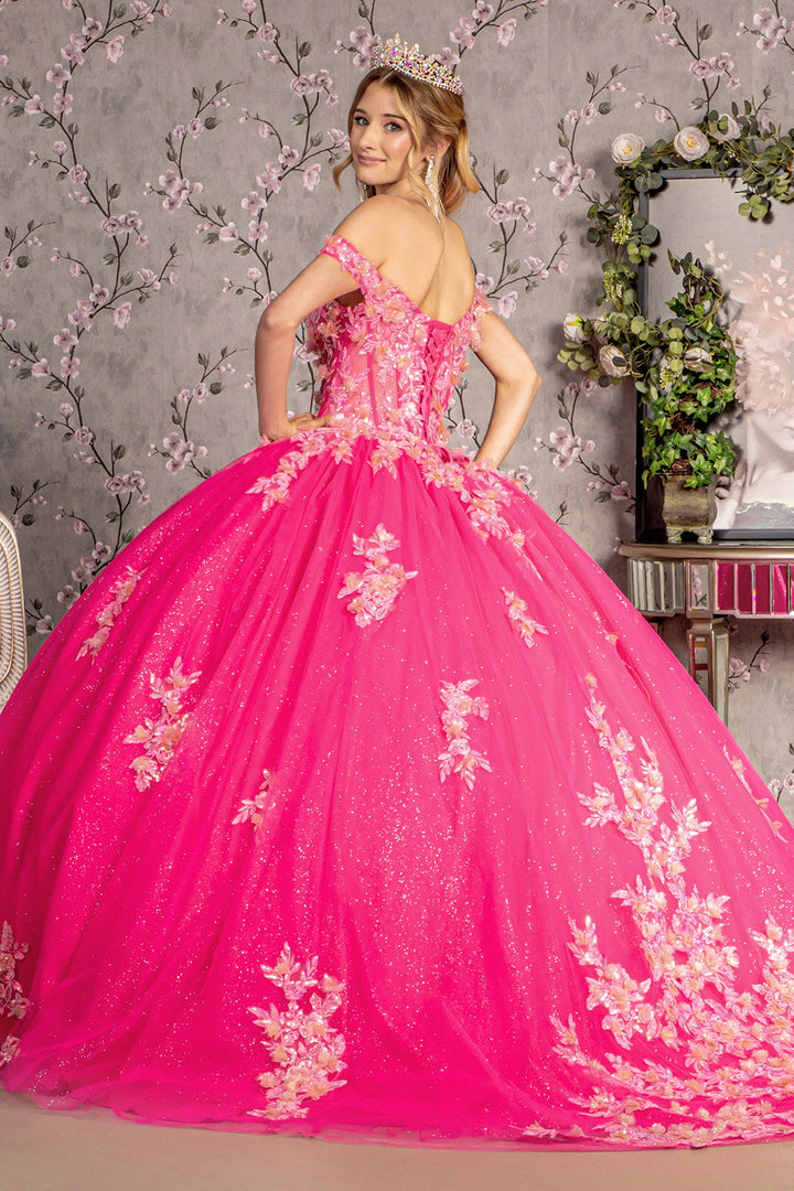 3D Flower Jewel Sheer Corset Bodice Mesh Long Ball Dress GLGL3469-1