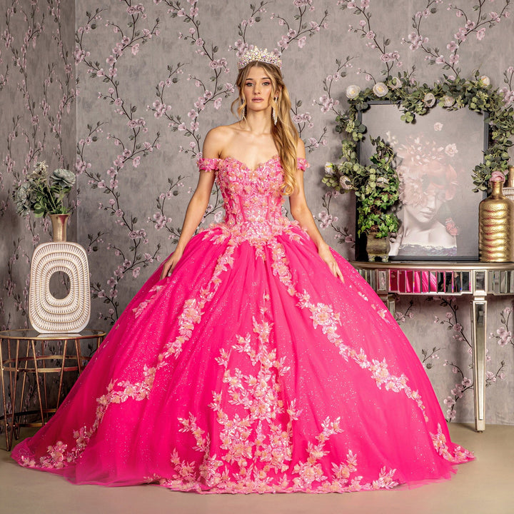 3D Flower Jewel Sheer Corset Bodice Mesh Long Ball Dress GLGL3469-2