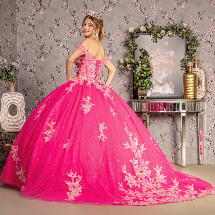 3D Flower Jewel Sheer Corset Bodice Mesh Long Ball Dress GLGL3469-3