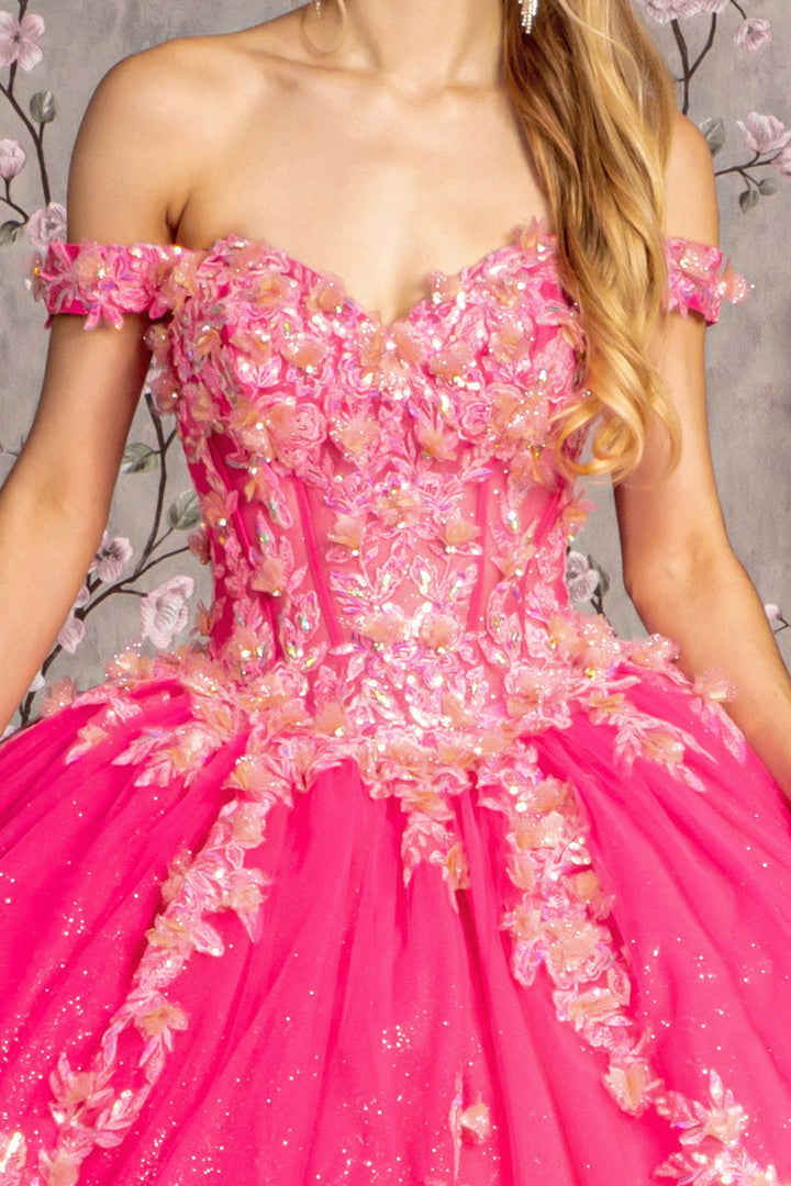 3D Flower Jewel Sheer Corset Bodice Mesh Long Ball Dress GLGL3469-4