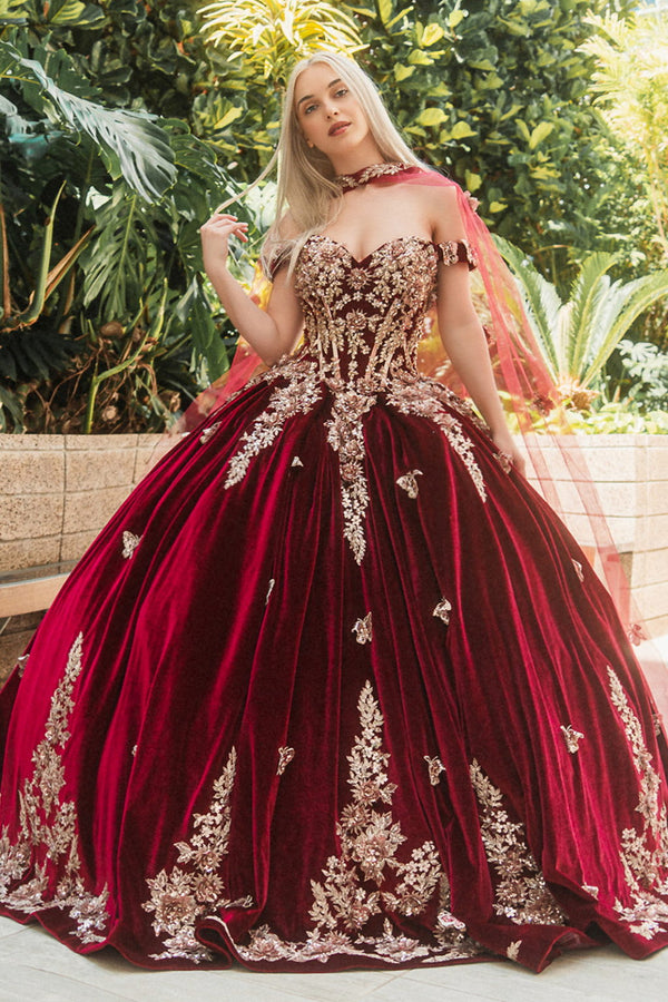 Metallic Embroidery Jewel Velvet Ball Gown w/ Long Mesh Cape-5