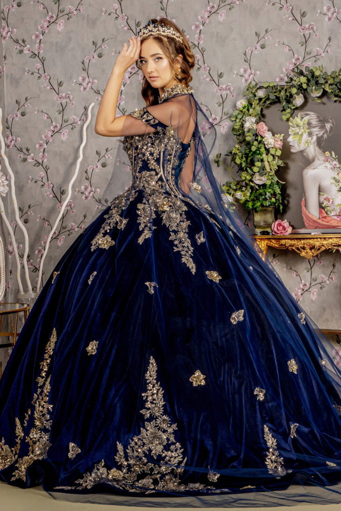 Metallic Embroidery Jewel Velvet Ball Gown w/ Long Mesh Cape-1