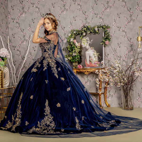 Metallic Embroidery Jewel Velvet Ball Gown w/ Long Mesh Cape-3