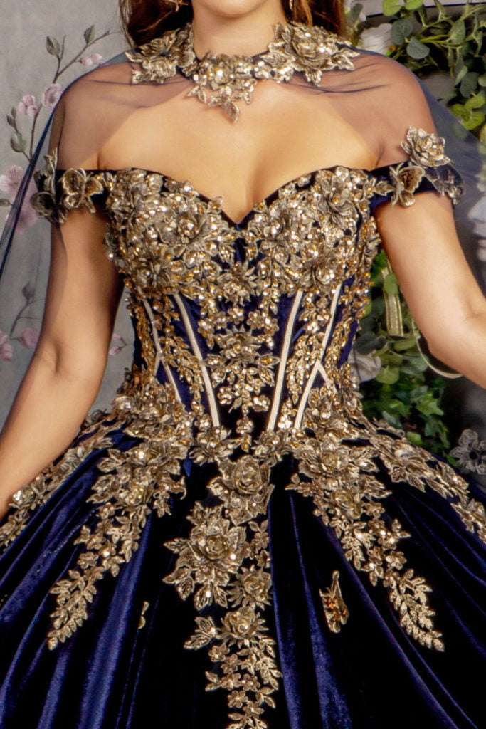 Metallic Embroidery Jewel Velvet Ball Gown w/ Long Mesh Cape-4