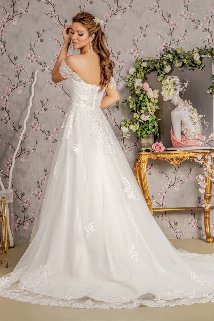 Jewel Embroidery Off Shoulder Mesh A-line Long Wedding Dress GLGL3481-1