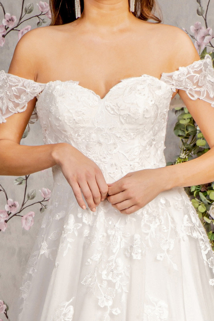 Jewel Embroidery Off Shoulder Mesh A-line Long Wedding Dress GLGL3481-2