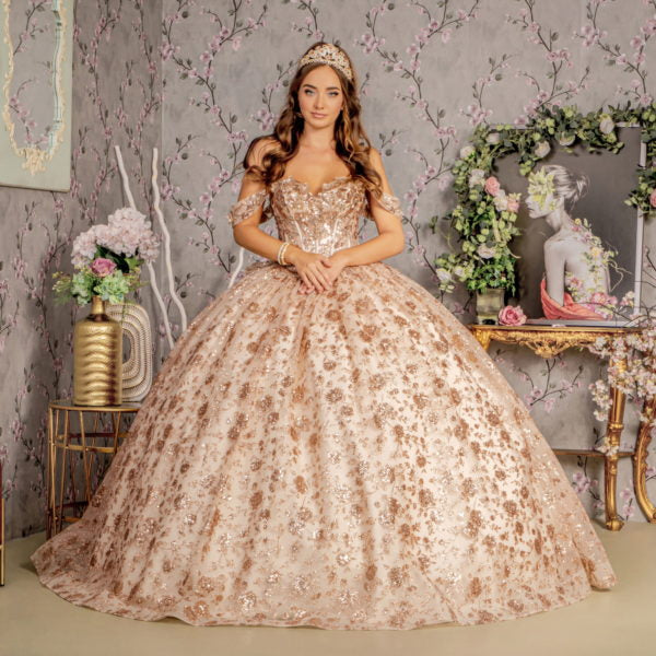 Metallic 3-D Flower Off Shoulder Mesh Ball Gown w/ Ruffled Back-2