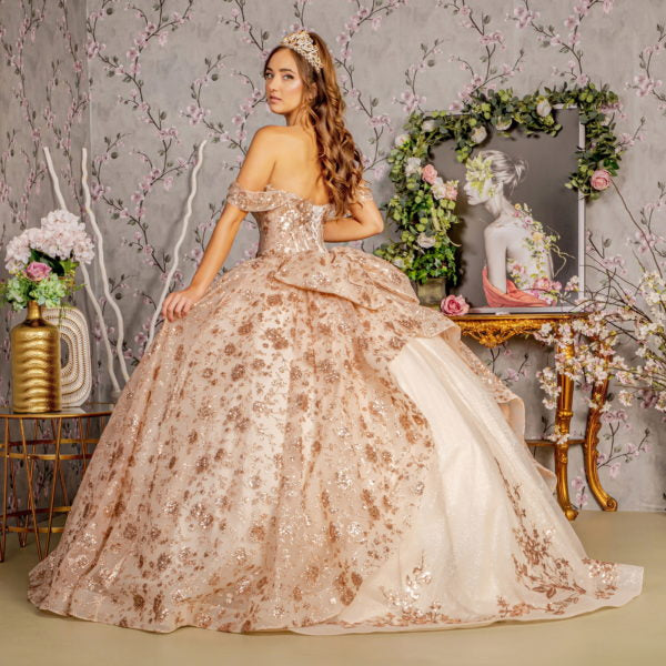 Metallic 3-D Flower Off Shoulder Mesh Ball Gown w/ Ruffled Back-3
