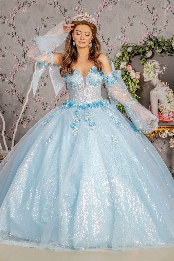 3-D Flower Jewel Sheer Bodice Mesh Ball Gown w/ Long Sleeves-5