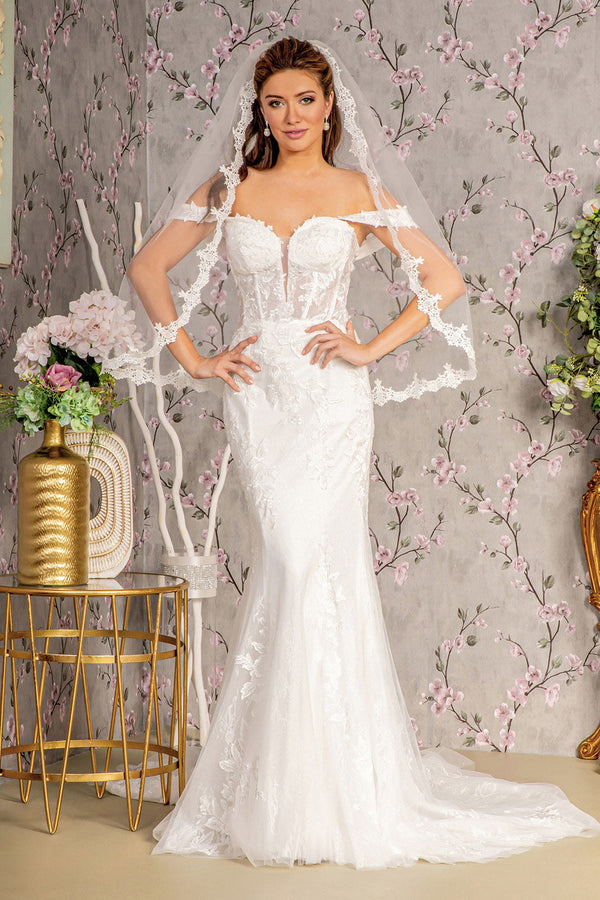 Glitter Off Shoulder Sheer Bodice Mesh Mermaid Long Wedding Dress GLGL3488-5