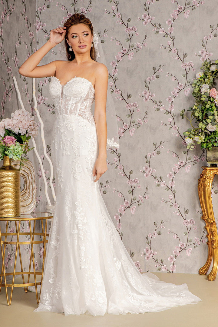 Glitter Off Shoulder Sheer Bodice Mesh Mermaid Long Wedding Dress GLGL3488-1