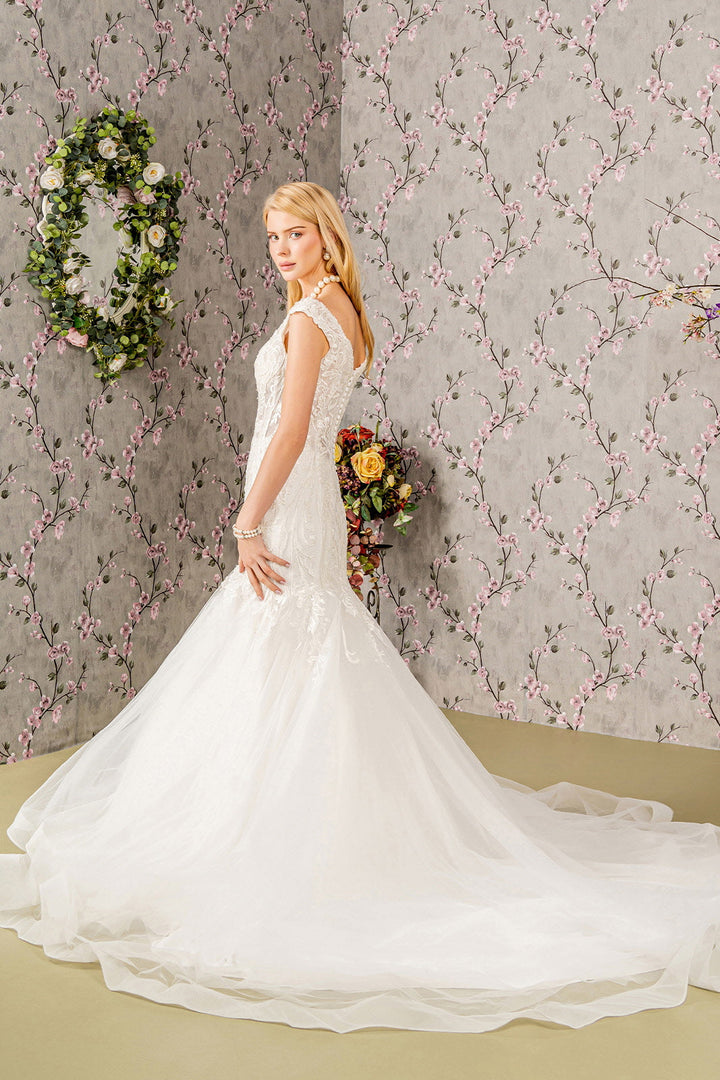 Jewel Embroidery Sheer Bodice Mesh Trumpet Long Wedding Dress GLGL3490-1