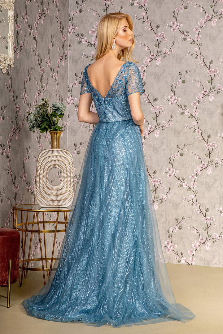 Metallic Bead Mesh A-line Waist Band Long Drape Long Mother Of The Bride Dress GLGL3493-1