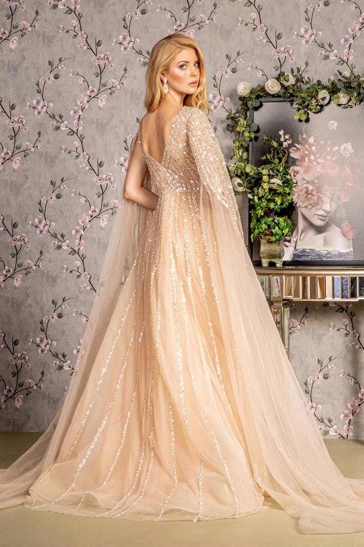 Bead Sequin Mesh A-line w/ Side Cape Long Sleeves Long Mother Of The Bride Dress GLGL3494-1