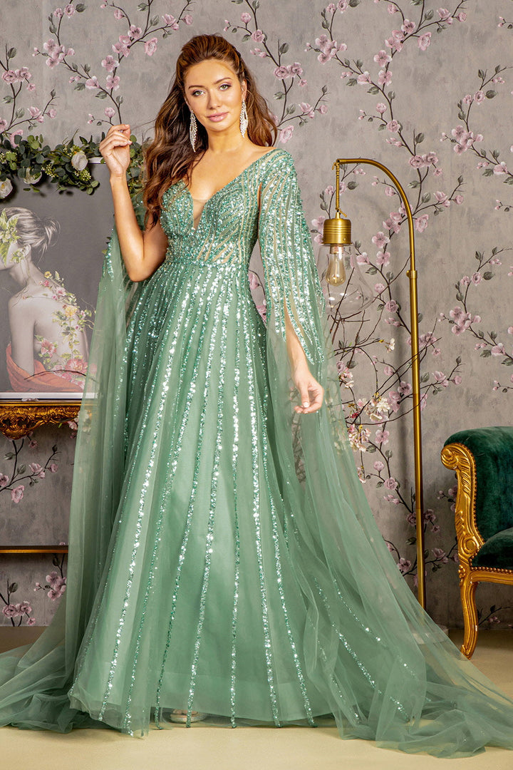 Bead Sequin Mesh A-line w/ Side Cape Long Sleeves Long Mother Of The Bride Dress GLGL3494-4