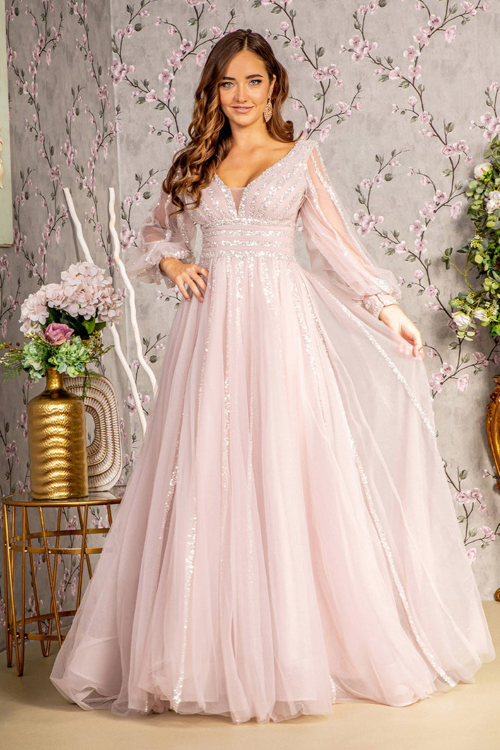 Bead Sequin Mesh A-line w/ Sheer Puff Sleeves Long Mother Of The Bride Dress GLGL3495-4