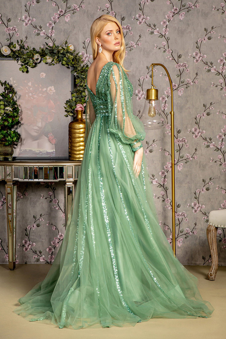 Bead Sequin Mesh A-line w/ Sheer Puff Sleeves Long Mother Of The Bride Dress GLGL3495-1