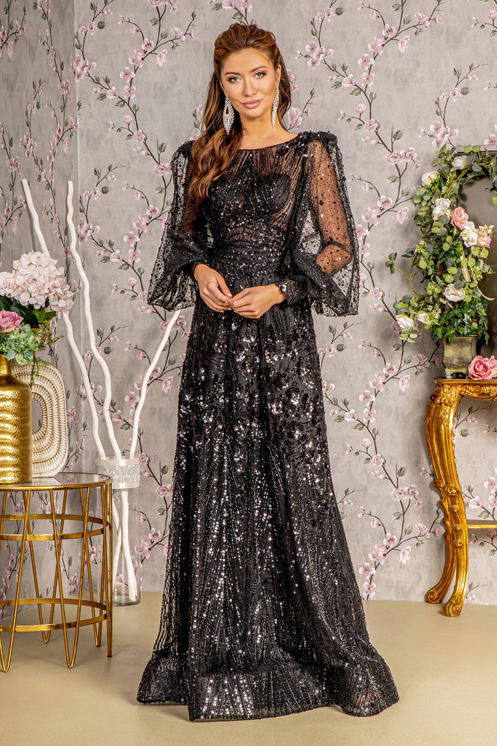 Bead Sheer Bodice Mesh A-line w/ Sheer Puff Sleeves Long Mother Of The Bride Dress GLGL3497-5