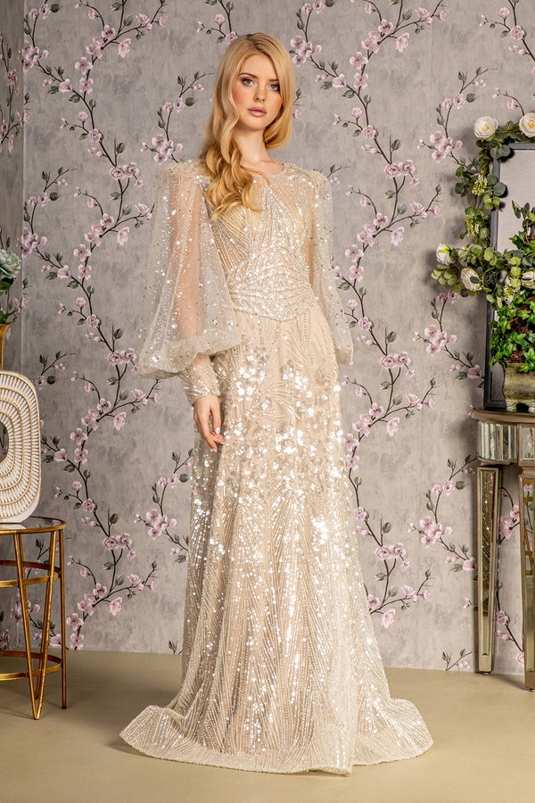 Bead Sheer Bodice Mesh A-line w/ Sheer Puff Sleeves Long Mother Of The Bride Dress GLGL3497-0