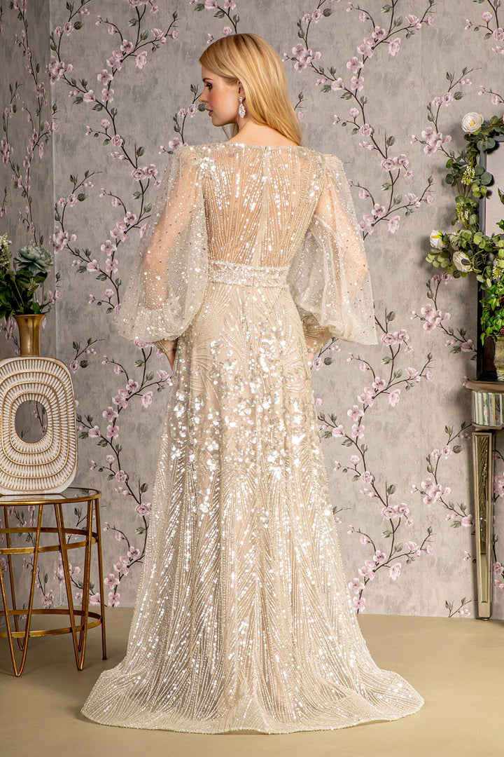 Bead Sheer Bodice Mesh A-line w/ Sheer Puff Sleeves Long Mother Of The Bride Dress GLGL3497-2