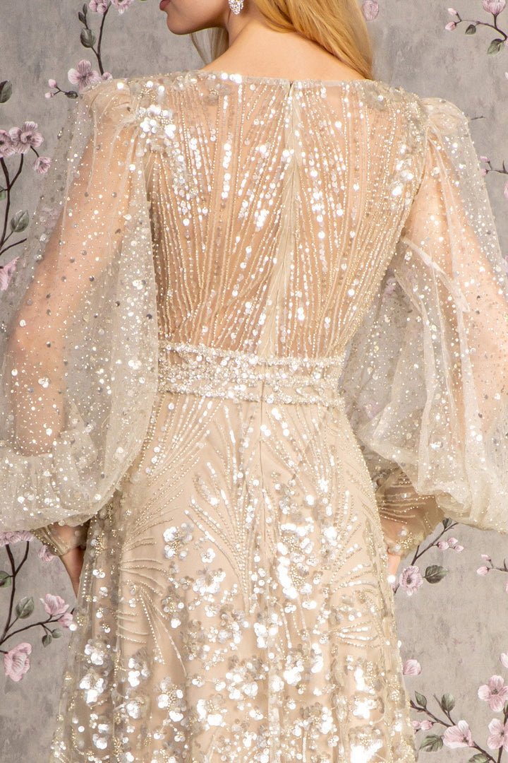 Bead Sheer Bodice Mesh A-line w/ Sheer Puff Sleeves Long Mother Of The Bride Dress GLGL3497-4