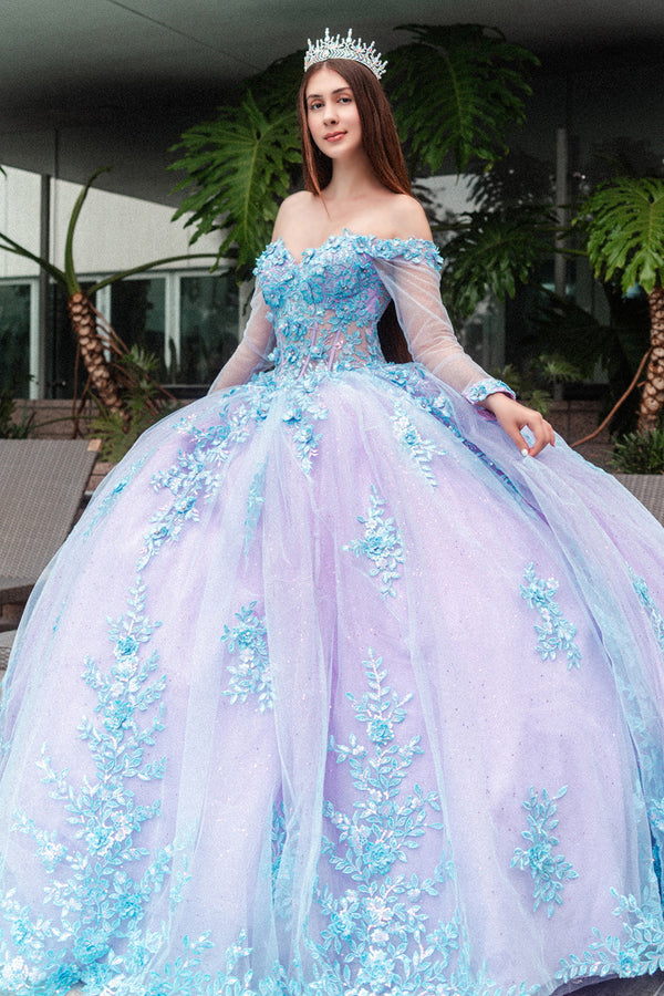 3D Floral Applique Embellished Cut-Away Shoulder Quinceanera Dress w/ Long Mesh Sleeve-0
