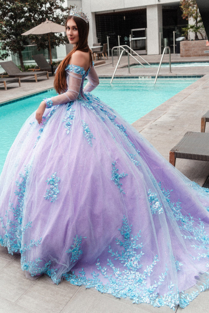 3D Floral Applique Embellished Cut-Away Shoulder Quinceanera Dress w/ Long Mesh Sleeve-2
