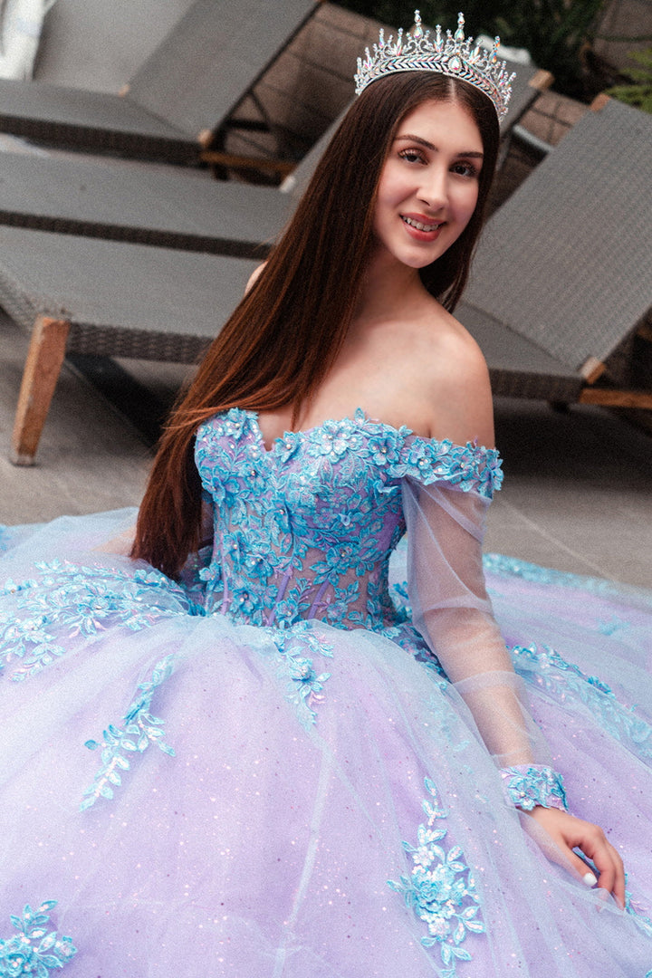 3D Floral Applique Embellished Cut-Away Shoulder Quinceanera Dress w/ Long Mesh Sleeve-3