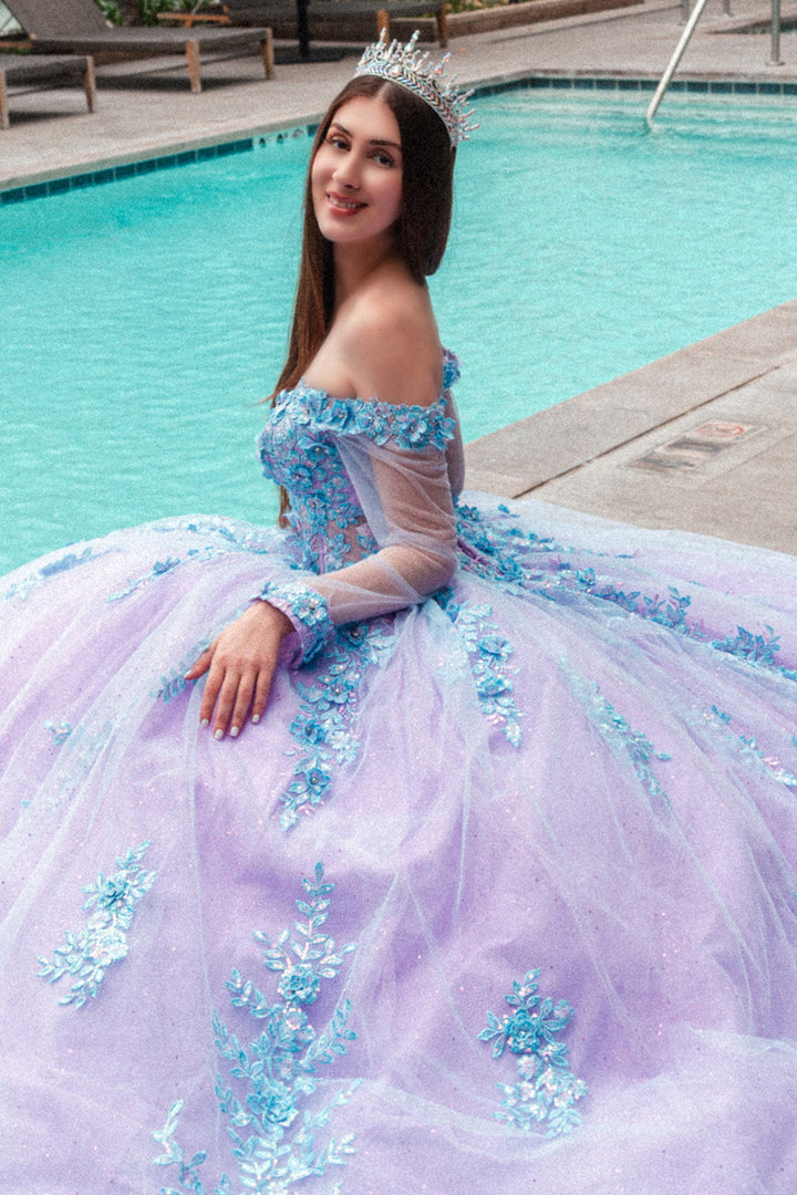 3D Floral Applique Embellished Cut-Away Shoulder Quinceanera Dress w/ Long Mesh Sleeve-4