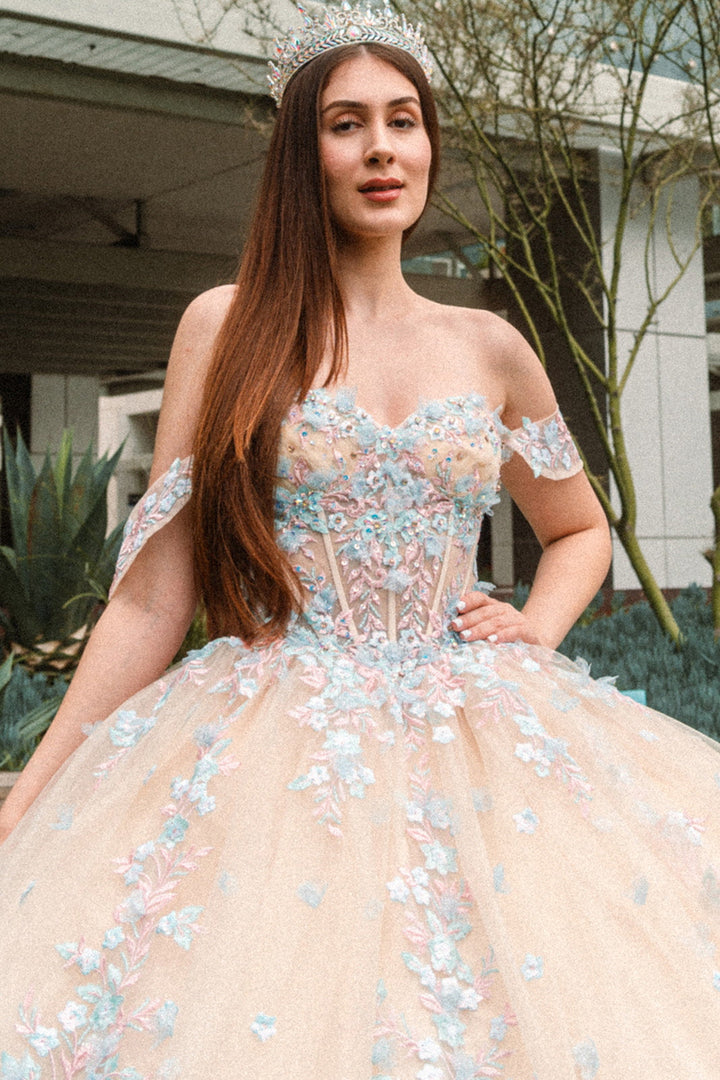 Beads Embellished Glitter Print Sweetheart Quinceanera Dress w/ detachable puff sleeve-3