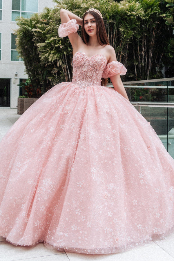 Beads Embellished Glitter Print Sweetheart Quinceanera Dress w/ detachable puff sleeve-0