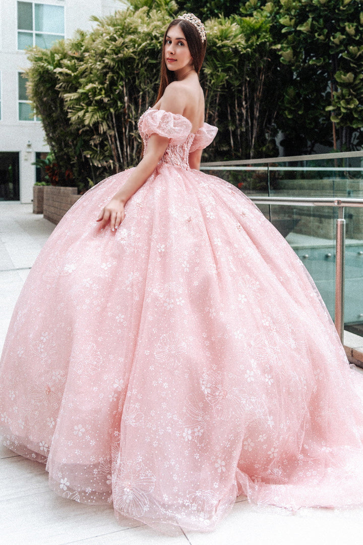Beads Embellished Glitter Print Sweetheart Quinceanera Dress w/ detachable puff sleeve-1