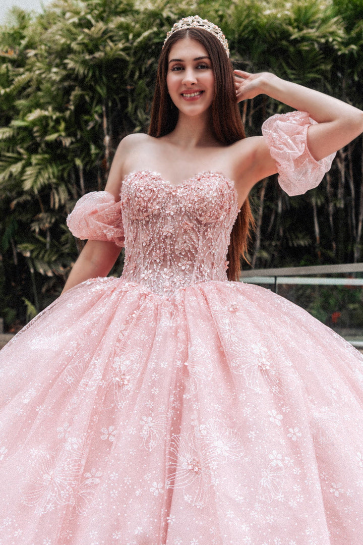 Beads Embellished Glitter Print Sweetheart Quinceanera Dress w/ detachable puff sleeve-2