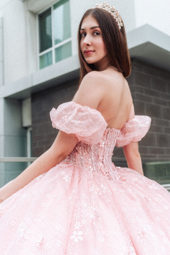 Beads Embellished Glitter Print Sweetheart Quinceanera Dress w/ detachable puff sleeve-3
