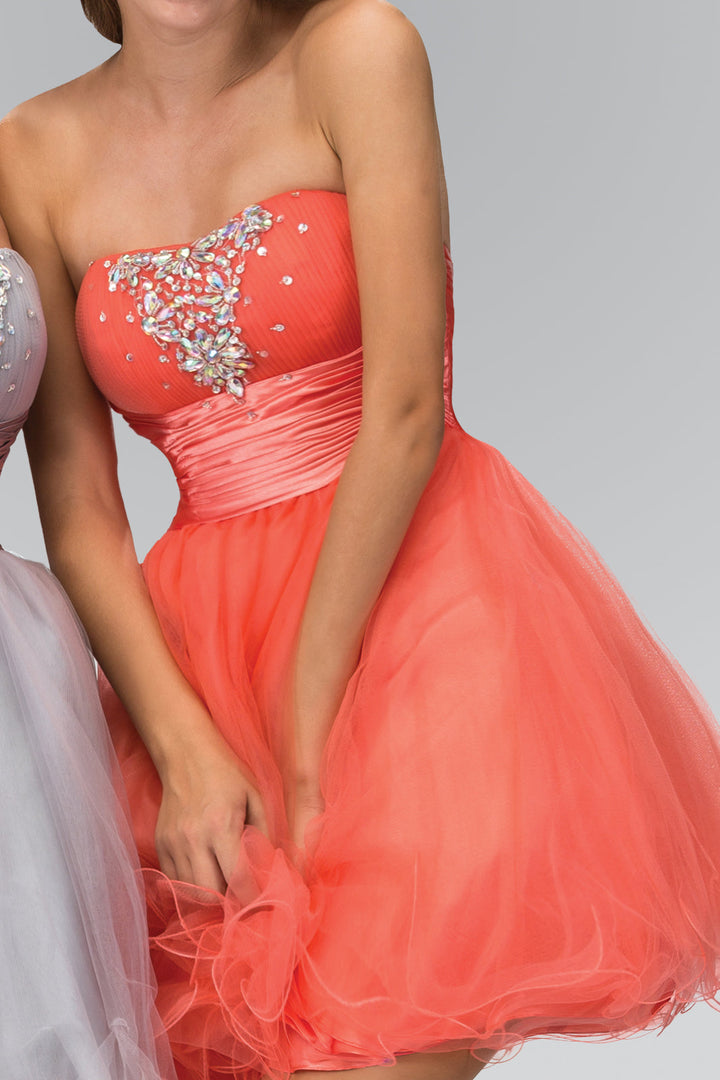 Strapless Sweetheart Tulle Short Dress Accented with Satin Belt and Jewel-2