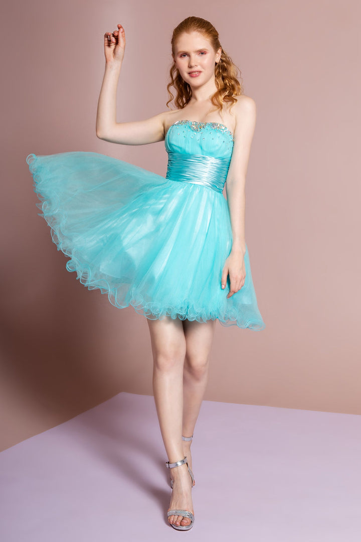 Sleeveless Sweetheart Beaded Tulle Short Dress with Pleated Satin Waistband-6