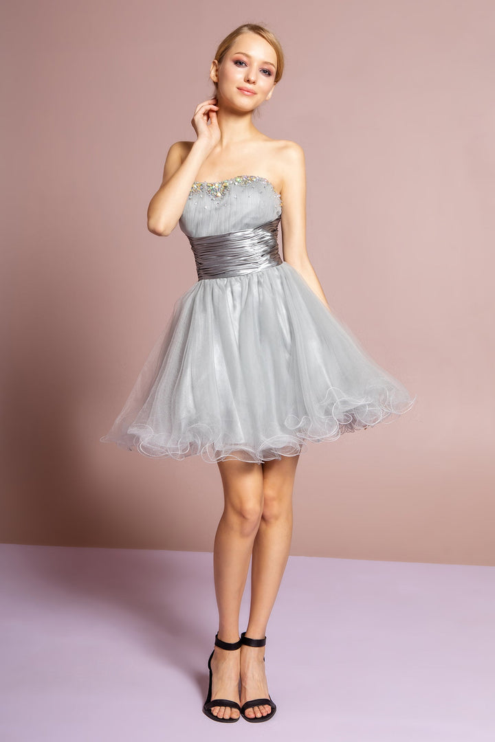 Sleeveless Sweetheart Beaded Tulle Short Dress with Pleated Satin Waistband-7
