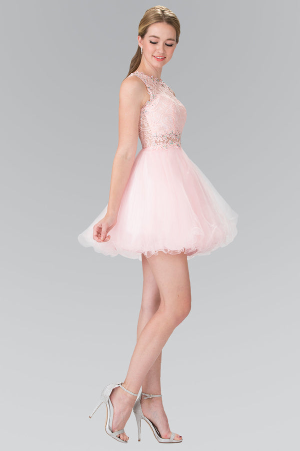 Sleeveless Short Dress with Lace Bodice and Sheer Waistline-5