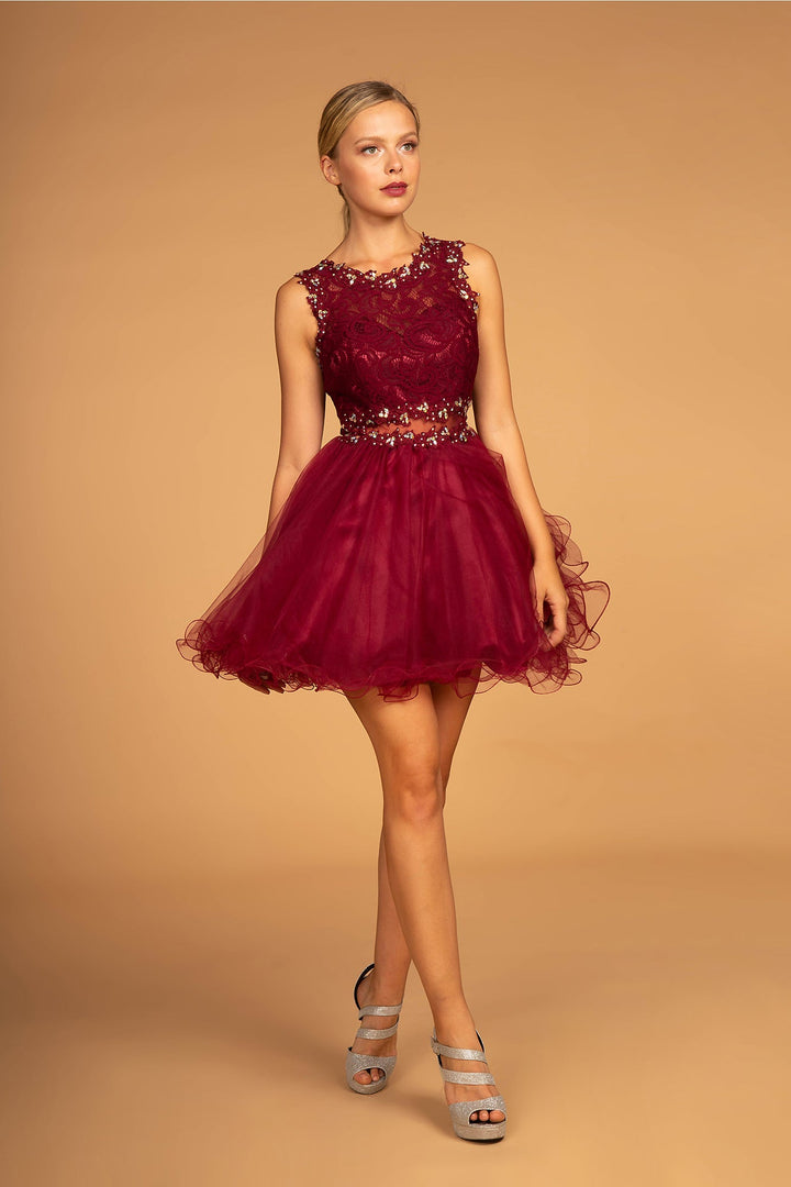Sleeveless Short Dress with Lace Bodice and Sheer Waistline-11