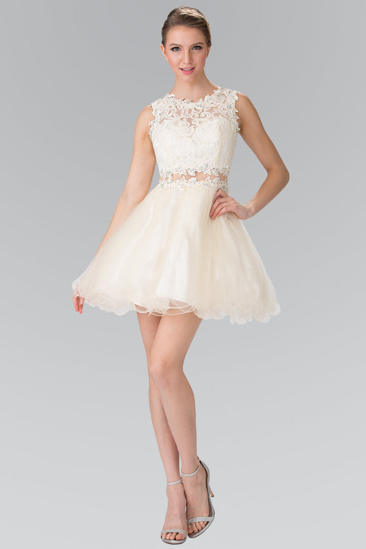 Sleeveless Short Dress with Lace Bodice and Sheer Waistline-6